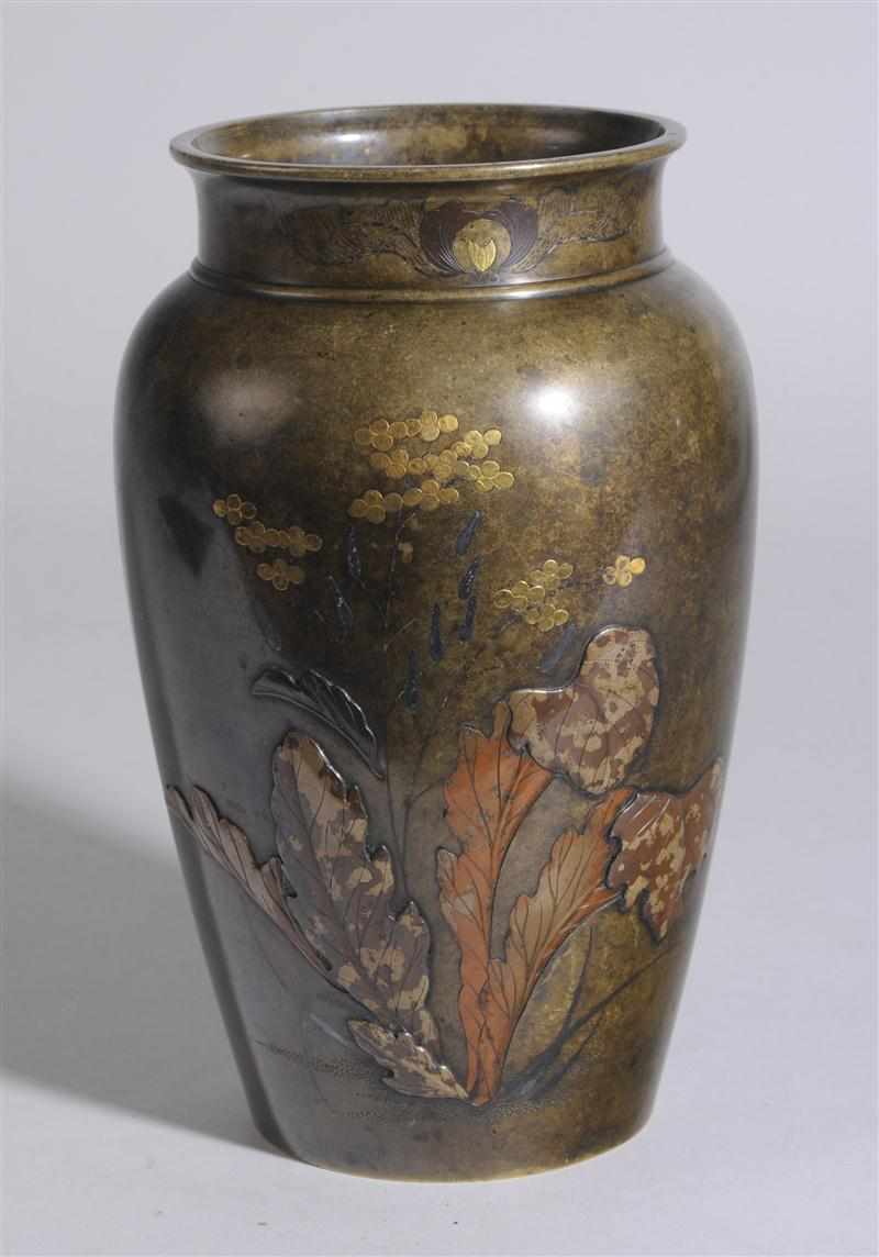 Appraisal: JAPANESE MIXED METAL INLAID BRONZE VASE Relief-decorated with two vignettes