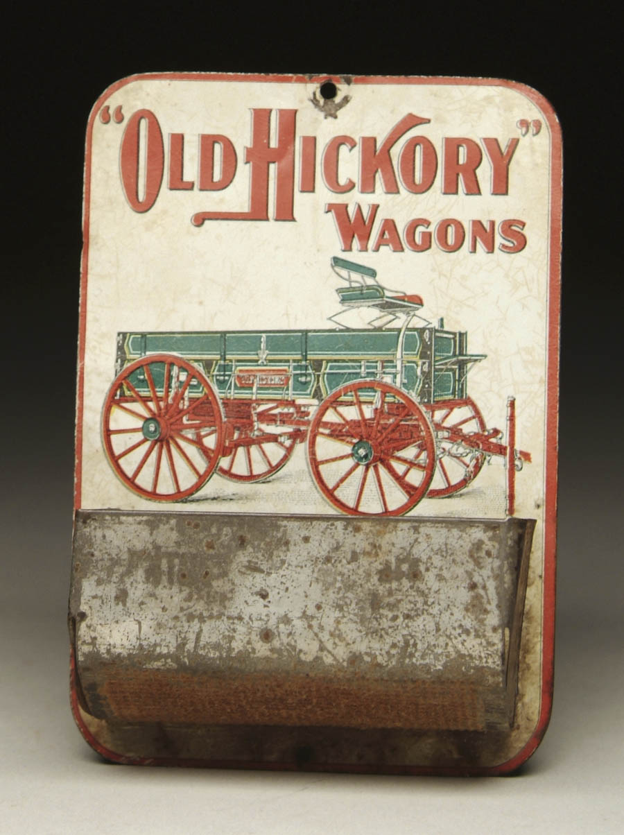 Appraisal: LITHO TIN MATCHOLDER FOR OLD HICKORY WAGONS Bright litho front