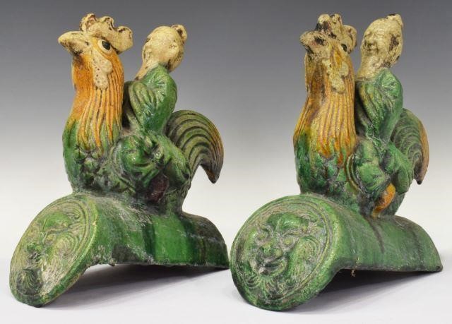 Appraisal: pair Chinese ceramic roof tiles each in green glaze depicting