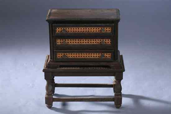 Appraisal: WILLIAM AND MARY STYLE OAK SALESMAN'S SAMPLE CHEST-ON-STAND th century