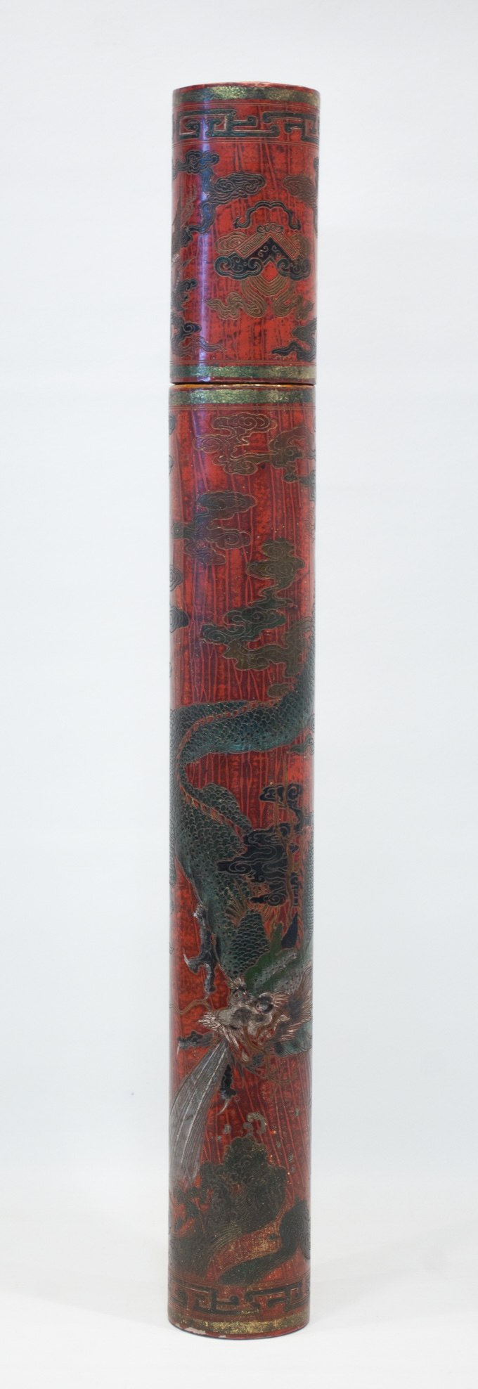 Appraisal: QING TUBE LACQUER CONTAINER decorated with a fire breathing dragon