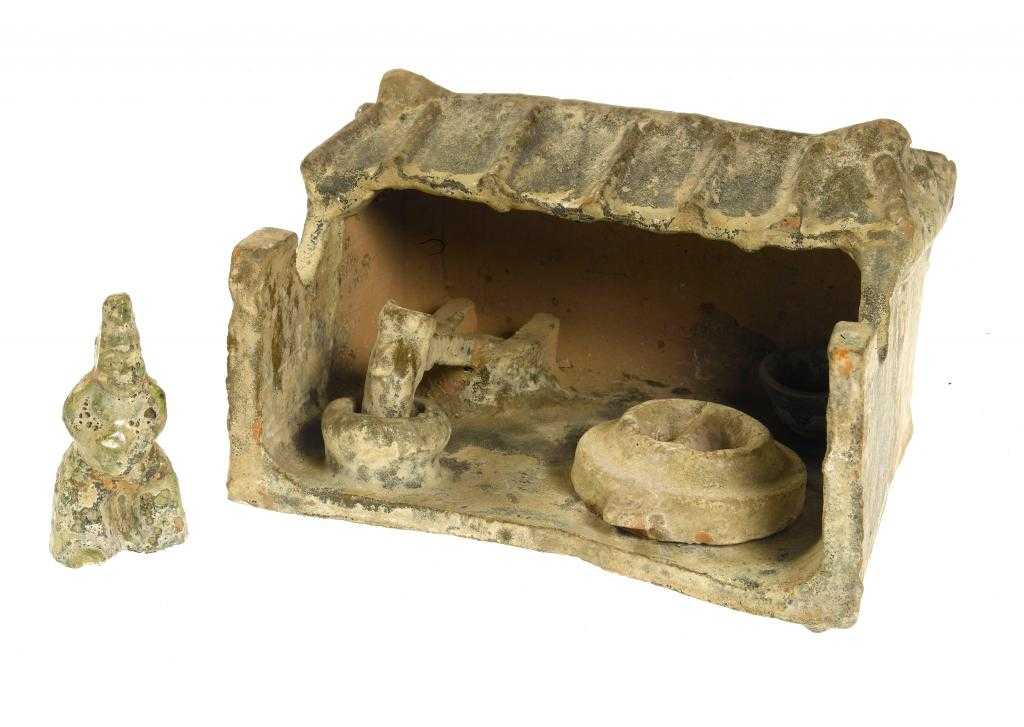 Appraisal: AN EARTHENWARE MODEL OF CORN MILL HAN DYNASTY of green