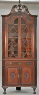 Appraisal: Custom mahogany corner china cabinet in two parts upper portion