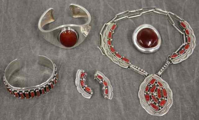 Appraisal: Modernist Sterling Silver Jewelry Lot Includes a Zuni coral inlaid