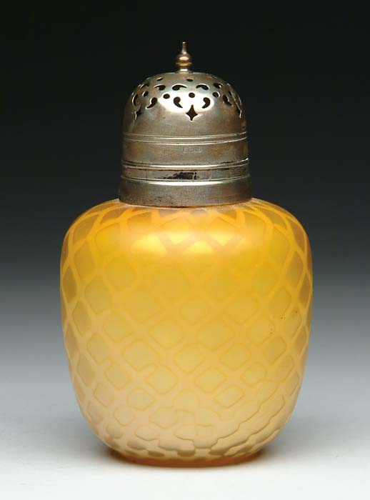 Appraisal: SATIN GLASS SUGAR SHAKER Butterscotch coloring with d q MOP