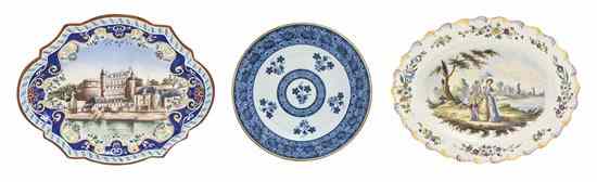 Appraisal: Three Continental Faience Articles comprising a scalloped oval example decorated