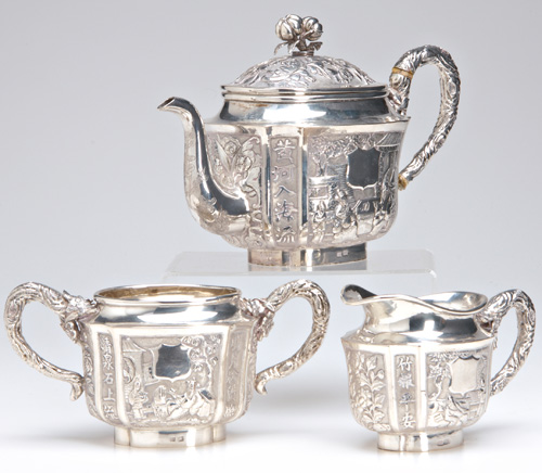 Appraisal: CHINESE EXPORT SILVER Tea set th - th C teapot