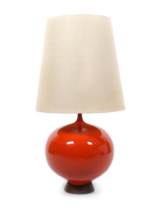 Appraisal: Sale Lot A Red Ceramic and Wood Table Lamp mid