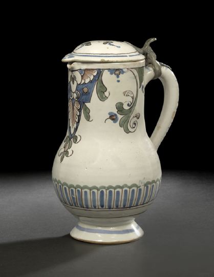 Appraisal: French Pewter-Mounted Faience Jug third quarter th century in floral