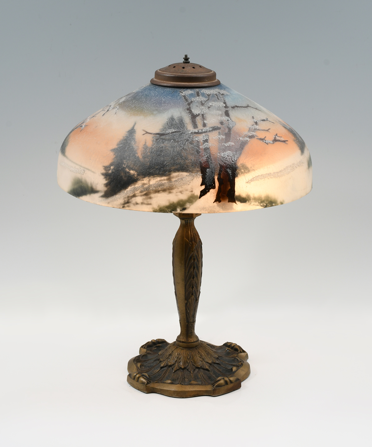 Appraisal: REVERSE-PAINTED PITTSBURGH LAMP Pittsburgh Lamp Brass Glass Company reverse-painted table