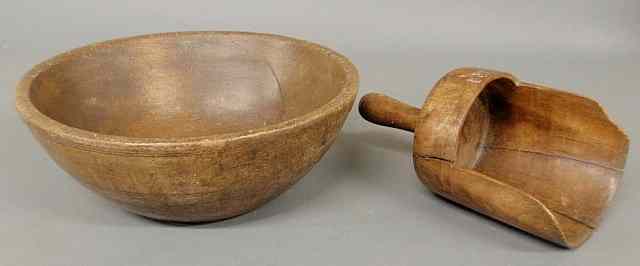 Appraisal: Carved wood bowl h x dia and a wood scoop