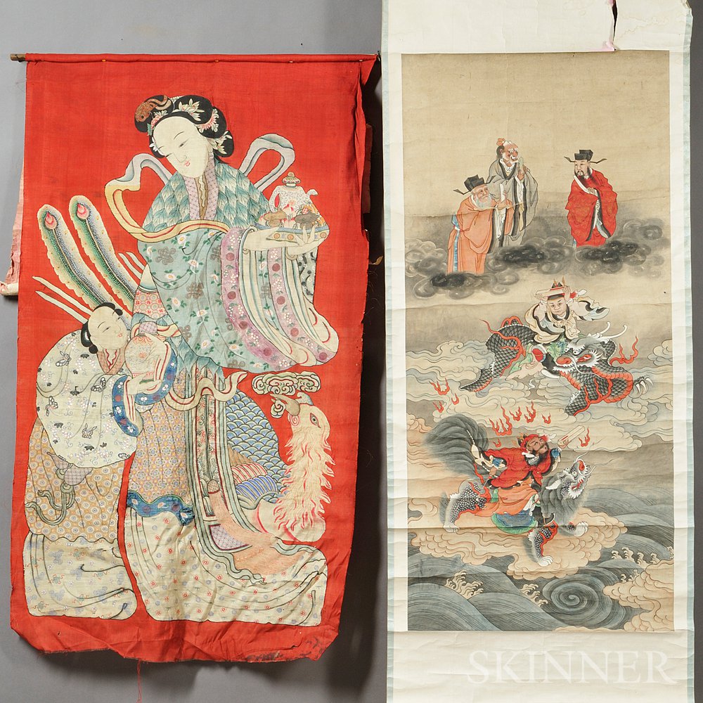 Appraisal: Two Wall Hangings China a hanging scroll painting depicting two