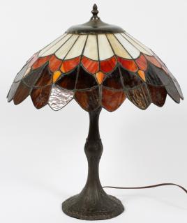 Appraisal: FEATHER DESIGN LEADED AND STAINED GLASS TABLE LAMP H DIA