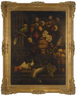 Appraisal: Dutch School th th century Still Life with Flowers Dog