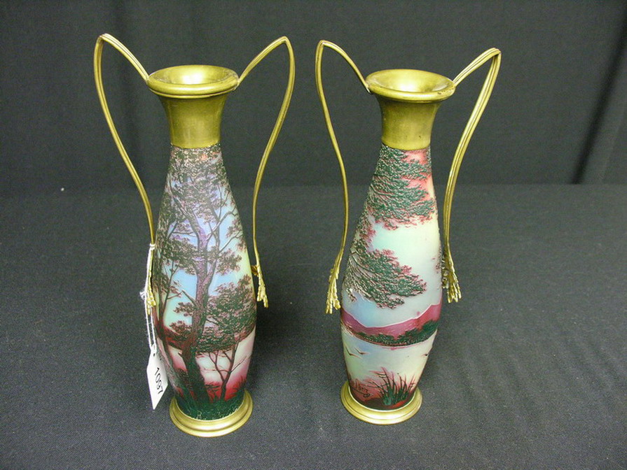 Appraisal: PAIR BRONZE MOUNT DE VEZ ART GLASS VASES Scene Matching