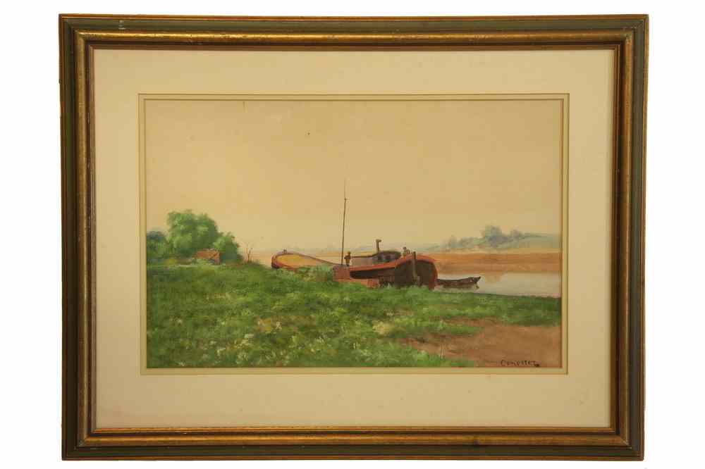 Appraisal: WATERCOLOR - River scene with barge signed lr 'Comperet' Alexis