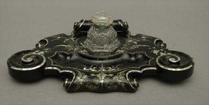 Appraisal: English Mother-of-Pearl Inlaid Papier-M ch Inkstand With panel-cut glass inkwell