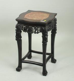 Appraisal: Chinese Carved Hardwood Stand Rose Marble Top Chinese carved hardwood