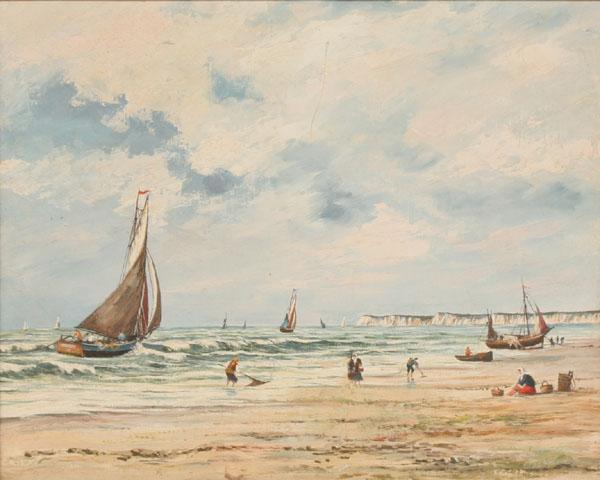 Appraisal: French beach scene possibly Criel-sur-Mer with shrimp vessels in the