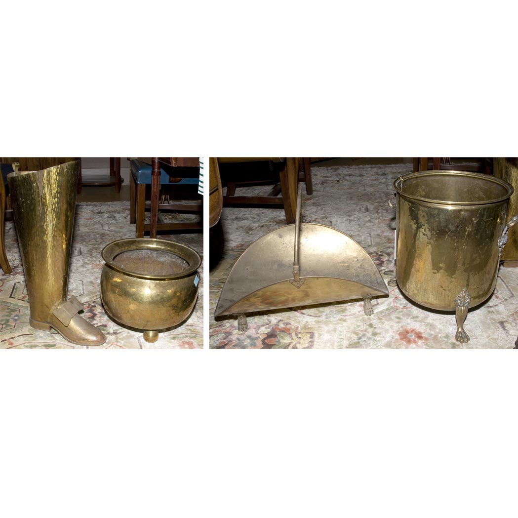 Appraisal: Two Brass Jardinieres Together with a Brass Boot and Brass