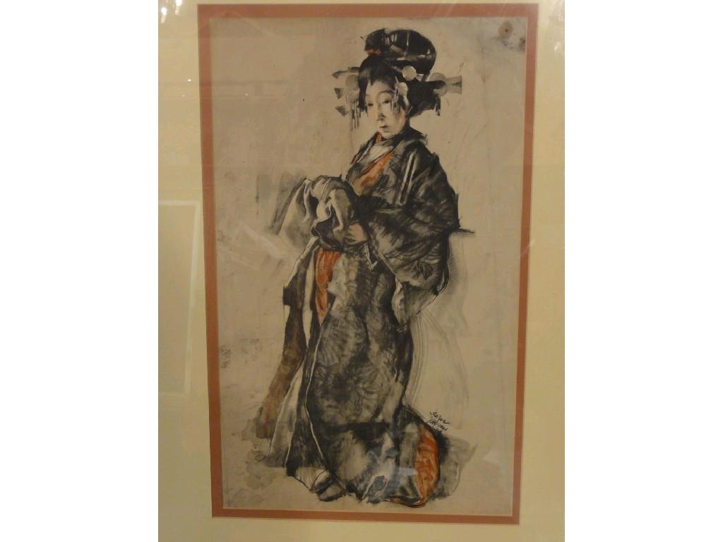 Appraisal: A coloured print of a standing Japanese female character in