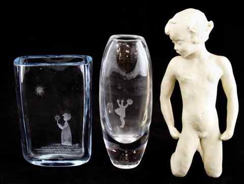 Appraisal: ROSENTHAL FIGURE AND TWO SWEDISH GLASS VASES the first designed