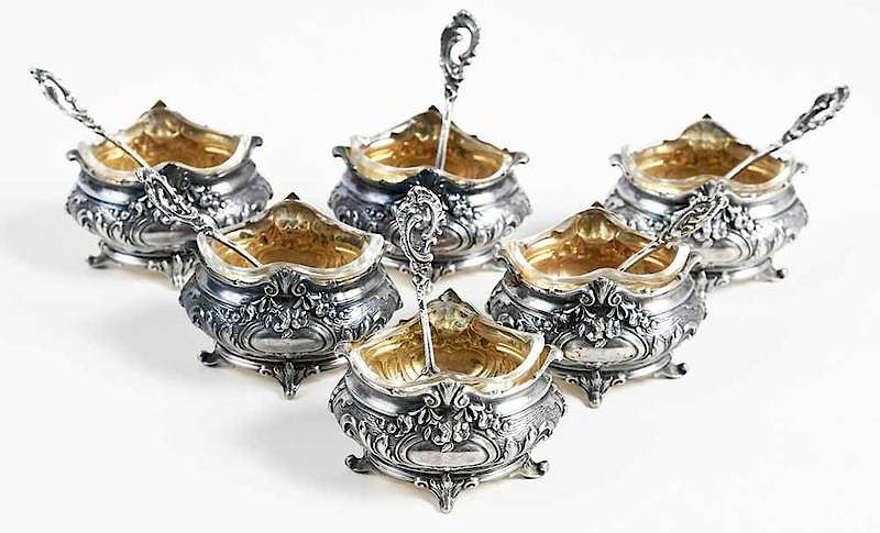 Appraisal: Set of Six Silver Open Salts and Matching Spoons Continental