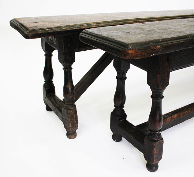 Appraisal: TWO ANTIQUE OAK BENCHES with turned legs and of pegged