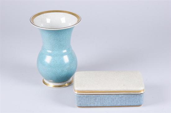 Appraisal: ROYAL COPENHAGEN CIGARETTE BOX AND VASE Blue and cream crackle