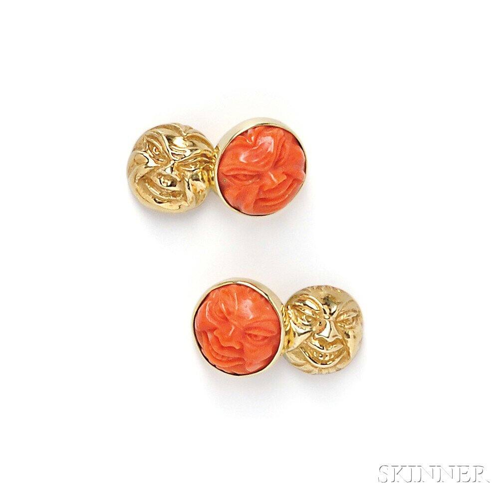 Appraisal: kt Gold and Carved Coral Cuff Links each with carved