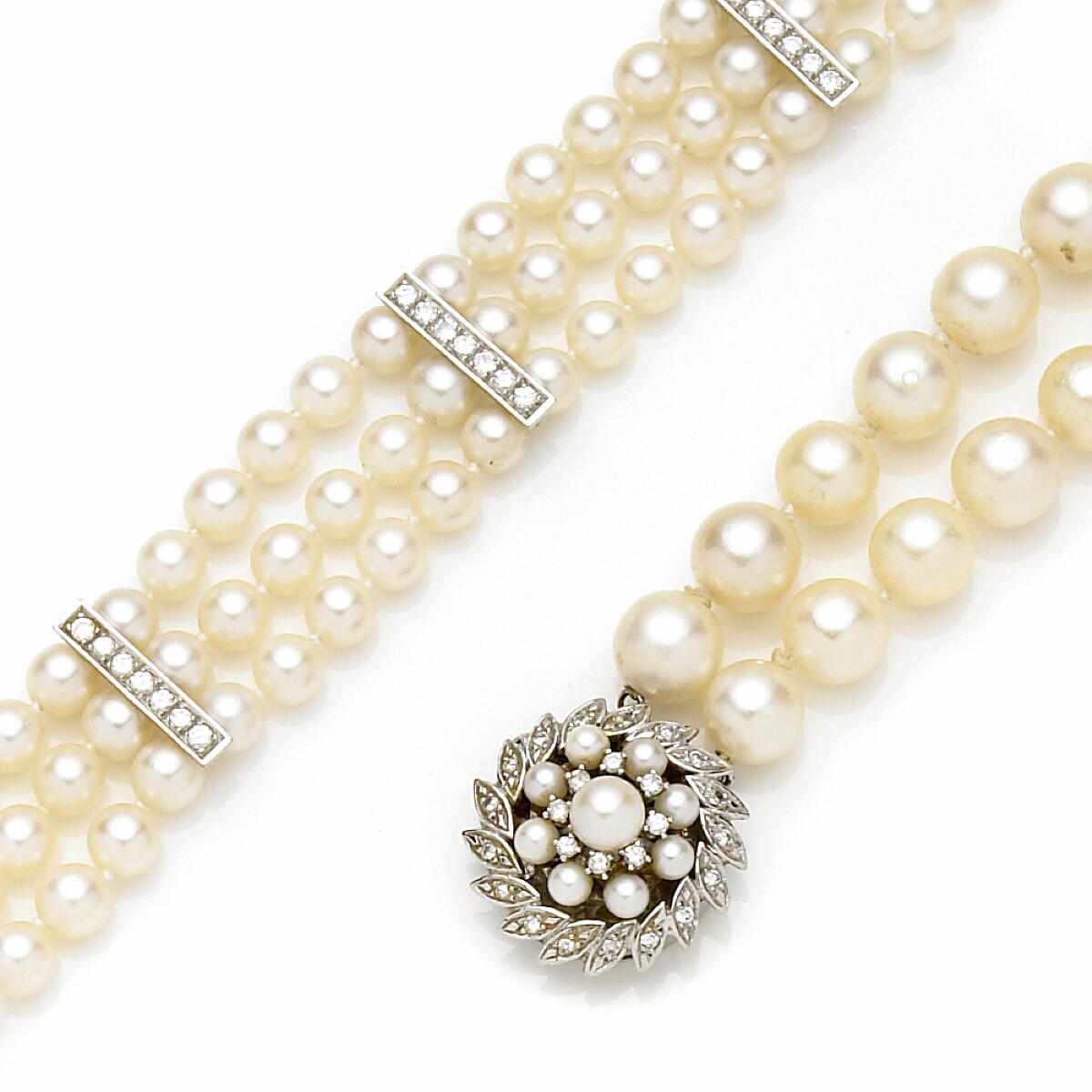 Appraisal: A collection of cultured pearl diamond and white gold jewelry