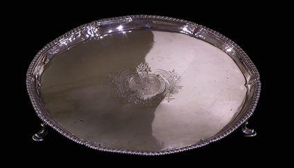 Appraisal: GEORGE III ARMORIAL SILVER TRIPOD SALVER Marks for London the