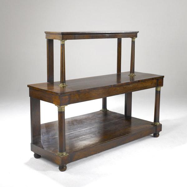 Appraisal: ENGLISH EMPIRE CONSOLE Bronze mounted mahogany tiered console with mirrored