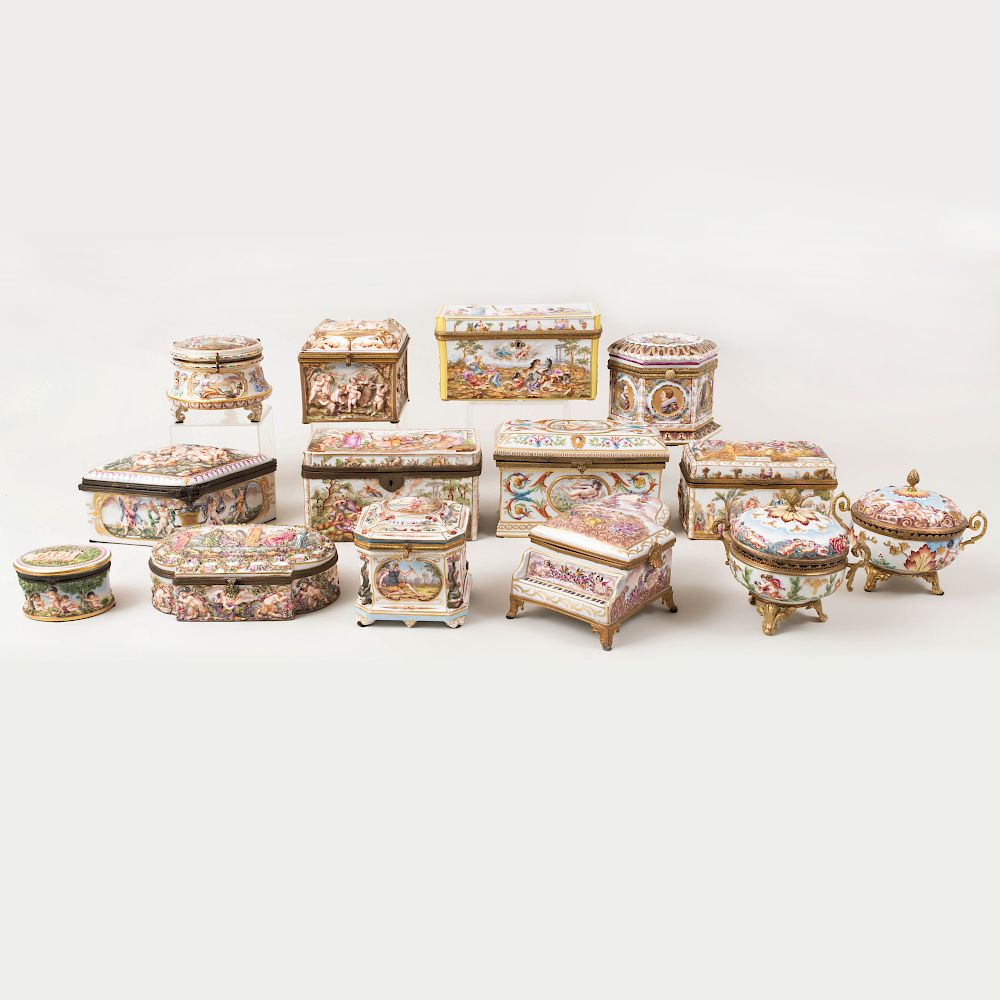 Appraisal: Group of Fourteen Capodimonte Porcelain Boxes Most with blue crowned