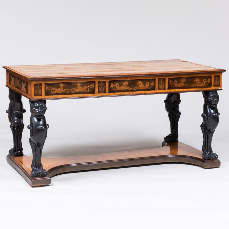 Appraisal: Italian Neoclassical Style Mahogany Fruitwood and Ebonized Library Table Fitted