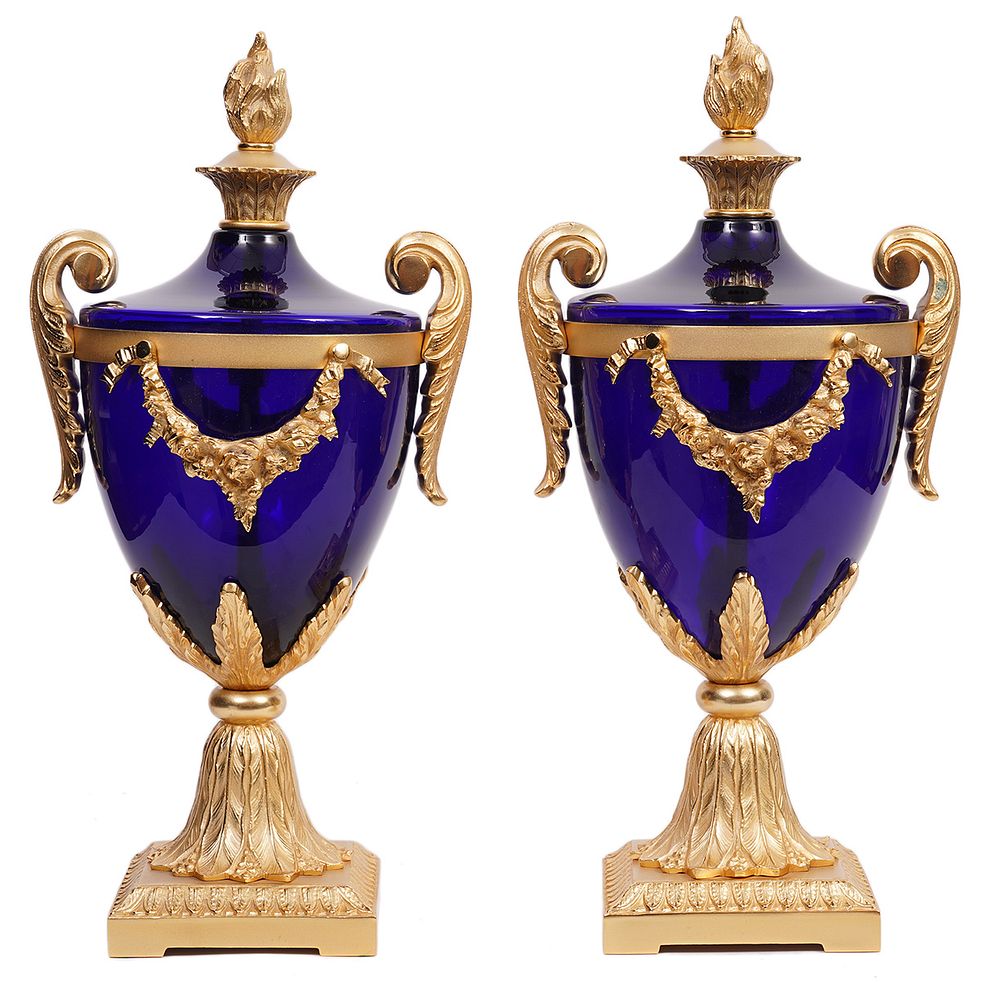 Appraisal: Cobalt Glass and Gilt Bronze Urns Cobalt blue glass urns