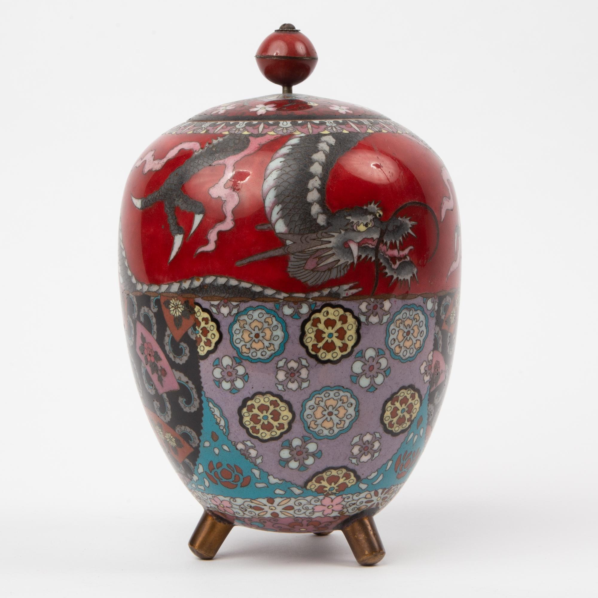 Appraisal: JAPANESE CLOISONN DRAGON JAR TH CENTURY Covered jar on three