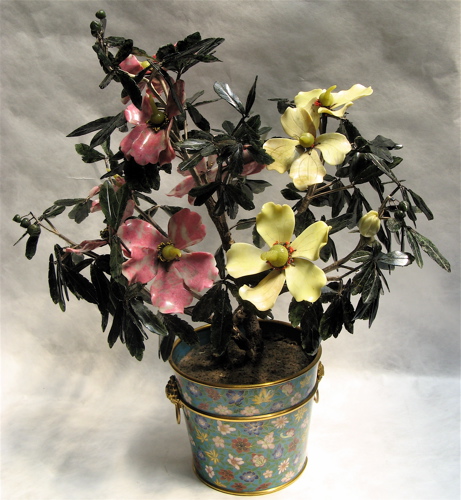 Appraisal: A CHINESE JADE TREE with carved mottled pink and grey