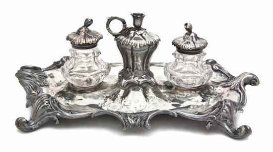 Appraisal: An English Silverplate Inkstand having two cut glass inkwells with