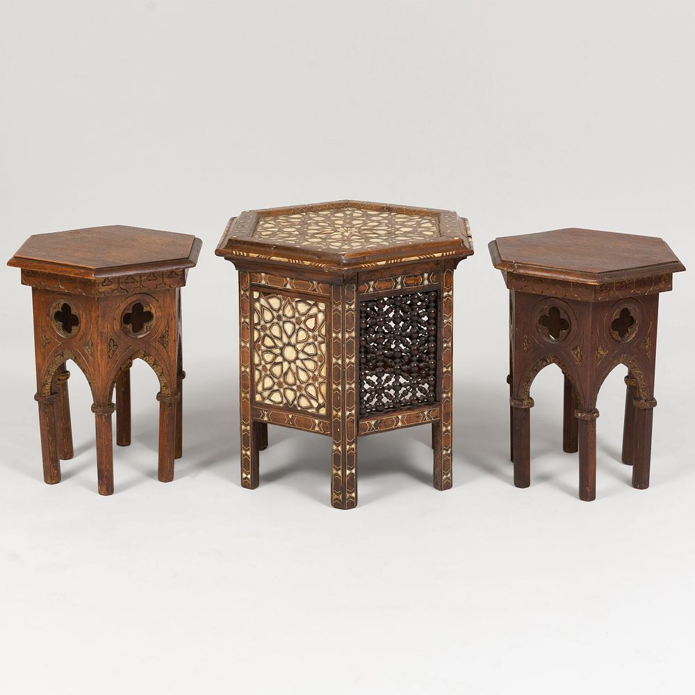 Appraisal: Moroccan Mother-of-Pearl Inlaid Hardwood Hexagonal Low Table Together with a