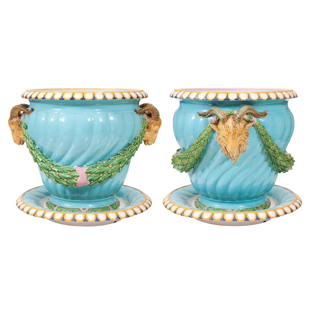 Appraisal: Pair of Mintons Majolica Jardinieres with Underplates en Suite Third