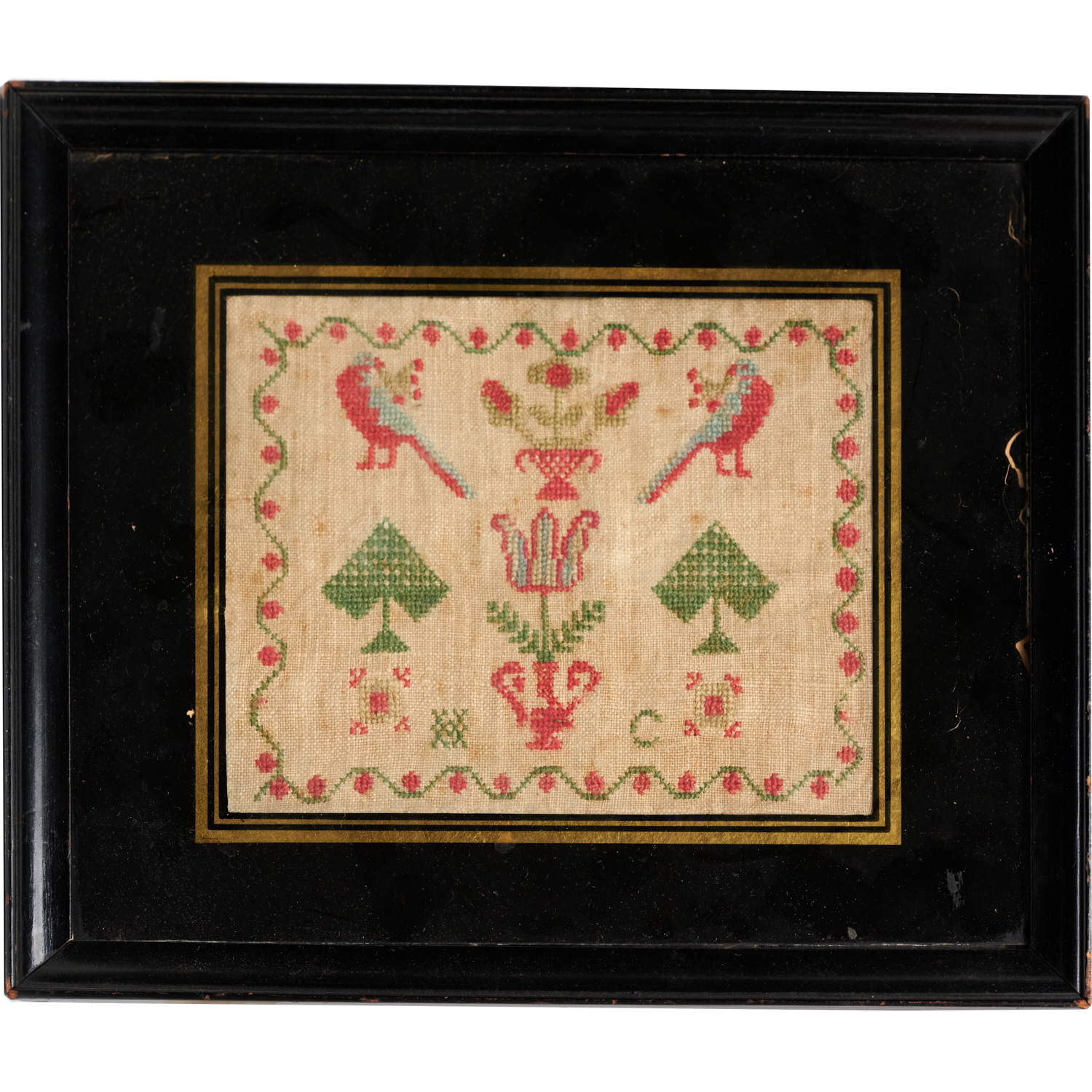 Appraisal: ANTIQUE ENGLISH GIRLHOOD SAMPLER IN EGLOMISE FRAME th c initialed