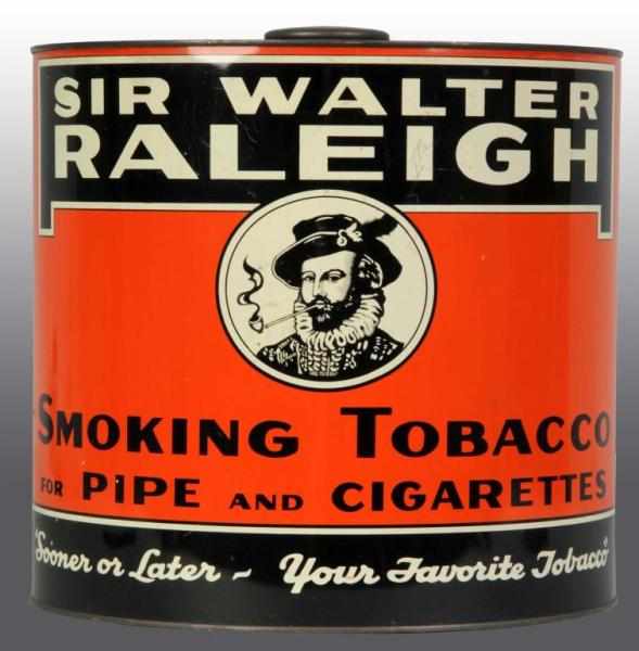 Appraisal: Large Sir Walter Raleigh Tin Tobacco Can Description Minor scuffs