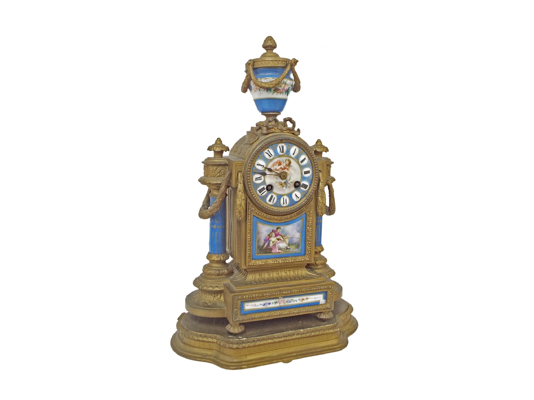 Appraisal: French gilt metal and porcelain mounted two train mantel clock