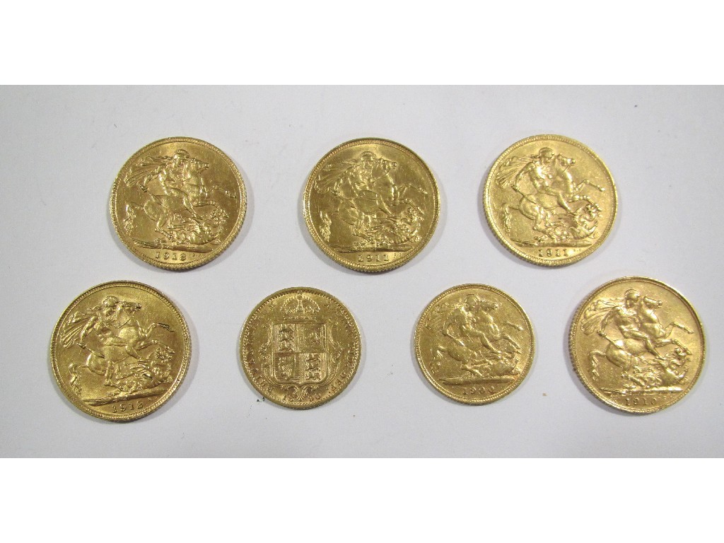 Appraisal: Lot comprising five George V head sovereigns dated two dated