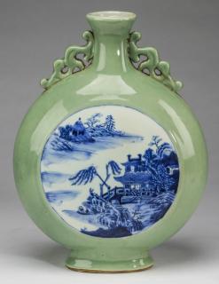 Appraisal: Chinese riverscape moon flask h Chinese moon flask having a