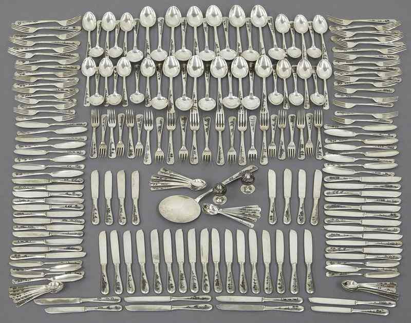 Appraisal: Pcs Anglo-Indian niello silverplate flatware the handles decorated with desert