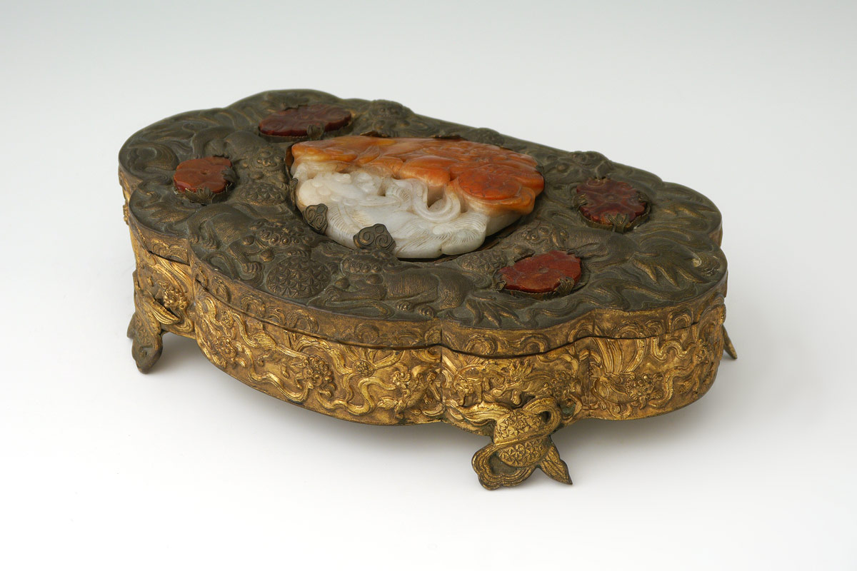 Appraisal: CHINESE EMBOSSED GILT METAL DRESSER BOX Embossed gilt metal box