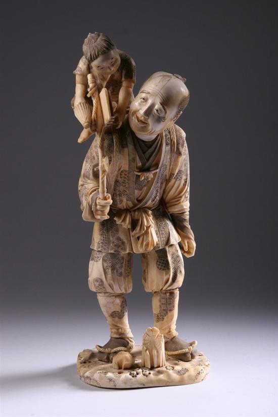 Appraisal: LARGE JAPANESE IVORY OKIMONO OF MAN WITH BASKET Carved with