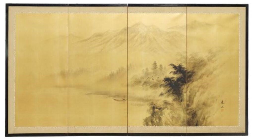 Appraisal: Japanese four-panel folding screen Spring th c hand-painted silk screen